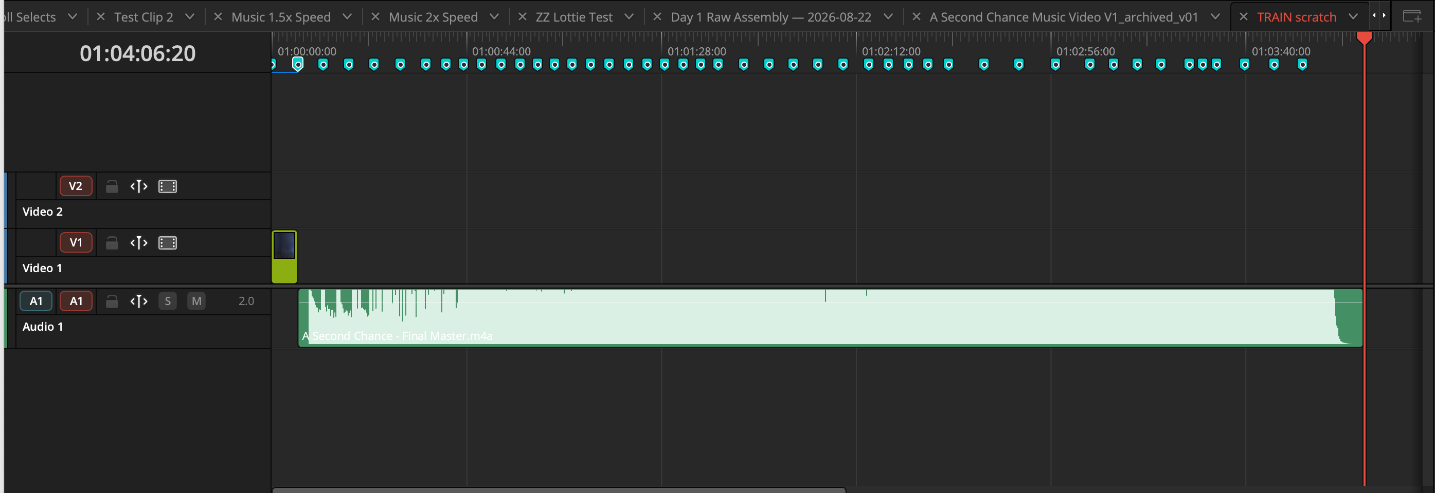 DaVinci Resolve timeline with 46 Cyan BlueCue markers along the ruler, an empty V2 asset track and the song master on A1